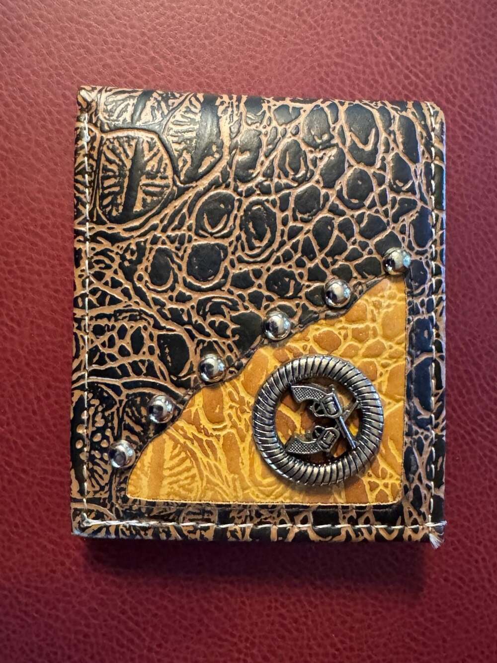 Western Style Men's Bi-Fold Wallet with Croc Print and Gun Concho